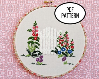 Hand Embroidery PDF Pattern. At the Garden Gate Digital Download. Beginner Simple and Easy Beginner Embroidery Flower Garden Home Decor.