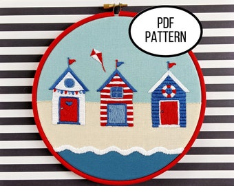 Hand Embroidery PDF Pattern. Beach Day Digital Download. Simple Easy Beginner Colorful Whimsical Beach House Embroidery for Home Decor
