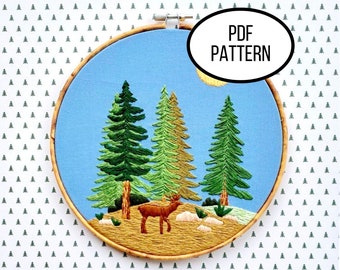 Hand Embroidery PDF Pattern. Pine Tree Forest Digital Download. Beginner Simple Easy Beginner Embroidery of Pine Forest and Deer Home Decor.