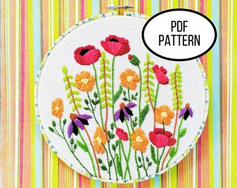 Hand Embroidery PDF Pattern. Where the Wild Flowers Grow Digital Download. Simple Easy Beginner Botanical Floral Embroidery for Home Decor