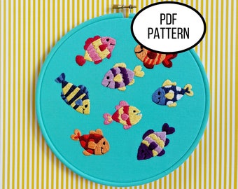 Hand Embroidery PDF Pattern. Fish Friends  Design Digital Download. Simple and Easy Whimsical School of Fish Embroidery for Child Home Decor