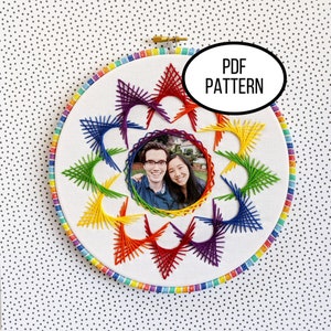 May include: A colorful embroidery hoop featuring a photo in the center, surrounded by a starburst design in rainbow colors. The hoop has a striped border and the text "PDF PATTERN".