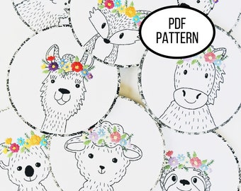 Hand Embroidery PDF Pattern.  Floral Crown Animal Design Digital Download. 17 Simple Easy Whimsical Animal Embroidery for Nursery Home Decor