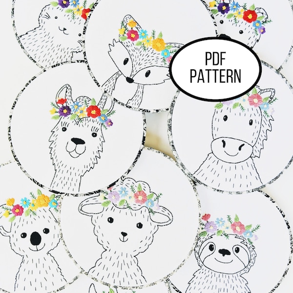 Hand Embroidery PDF Pattern.  Floral Crown Animal Design Digital Download. 17 Simple Easy Whimsical Animal Embroidery for Nursery Home Decor