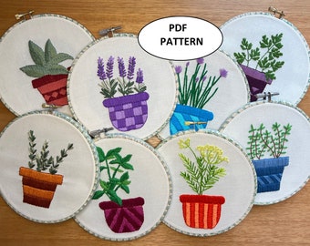 Herb Garden Hand Embroidery PDF Pattern.  Digital Download. 8 Simple Easy Herbs to Embroider for Home Decor. Basil Sage Rosemary Dill Chive