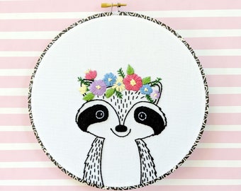 Finished Original Embroidery Art Floral Crown Friends Raccoon. Whimsical Wall Hanging for Nursery or Childs Room. Hand Stitched Art Work