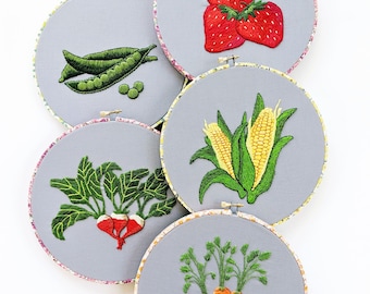 Hand Embroidery PDF Pattern Farmers Market Digital Download. Simple and Easy Beginner 8 Fruit and Vegetables to Embroider Kitchen Home Decor