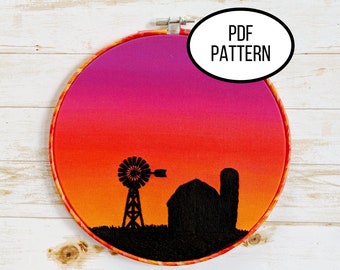 Hand Embroidery PDF Pattern.BarnSilhouette Design Digital Download. Simple and Easy Beginner Floral Sunset Embroidery for Home Decor.