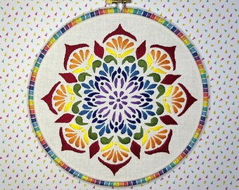 Hand Embroidery PDF Pattern. Rainbow Mandala Design Digital Download. Simple Easy Beginner Colorful Rainbow Embroidery for DIY Home Decor.