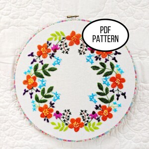 Hand Embroidery PDF Pattern. 12 Inch Spring Wreath Digital Download.Simple and Easy Beginner Floral embroidery for Home Decor or Gift.
