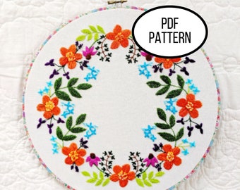 Hand Embroidery PDF Pattern. 12 Inch Spring Wreath Digital Download.Simple and Easy Beginner Floral embroidery for Home Decor or Gift.