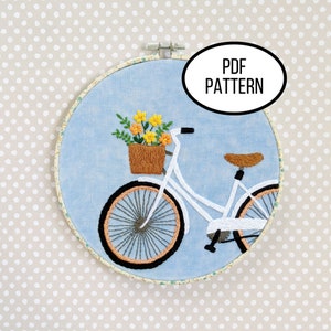 Handstickerei PDF Muster. Bikes and Blooms Design Digital Download, einfache und leichte Anfänger Stickerei von Fahrrädern für Home Decor.