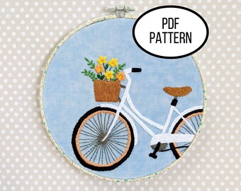 Hand Embroidery PDF Pattern. Bikes and Blooms Design Digital Download, Simple and Easy Beginner Embroidery of Bicycles for Home Decor.