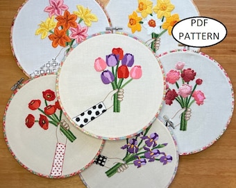 Hand Embroidery PDF Pattern. Girls With Bouquets Digital Download. 7 Simple and Easy Beginner Floral Embroidery Patterns  for Home Decor