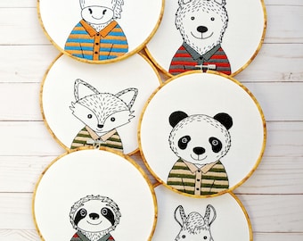 Hand Embroidery PDF Pattern. Animals in Stripes Design Digital Download. Simple Easy Whimsical Embroidery Bear Fox Horse Llama Panda Sloth