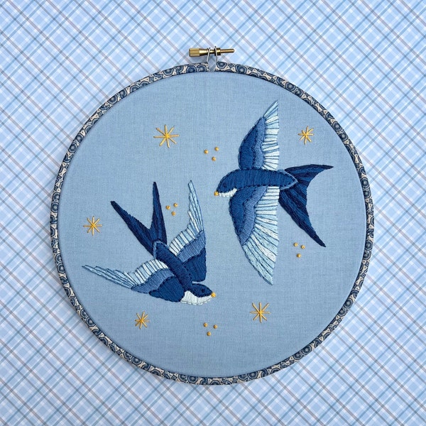 Hand Embroidery PDF Pattern, Soaring Swallows Design Digital Download. Simple Easy Beginner Flying Bird Embroidery for DIY Home Decor.