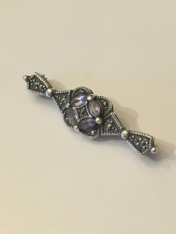 Vintage silver marcasite brooch - amethyst bar bro