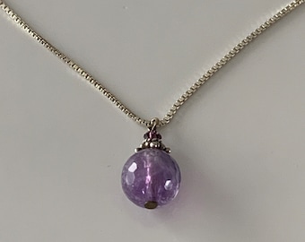 Vintage sterling silver faceted amethyst necklace - gorgeous artisan amethyst bead 18” box chain necklace