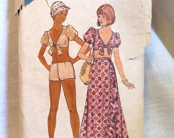 Vintage Butterick 4272. Sz 8. Summer Midriff top, shorts, long ruffled skirt. 1970s Free domestic shipping.
