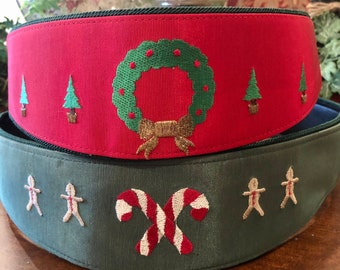 Vintage Embroidered Christmas Holiday Belt: Wreath on Red or Candy Cane on Green, adjustable, Made in USA, FREE Shipping