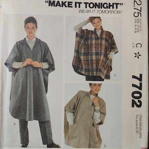 May include: McCall's sewing pattern for a coat, with three cape designs. The pattern includes sizes 6-20. The text "MAKE IT TONIGHT" and "WEAR IT TOMORROW!" is displayed at the top of the pattern.