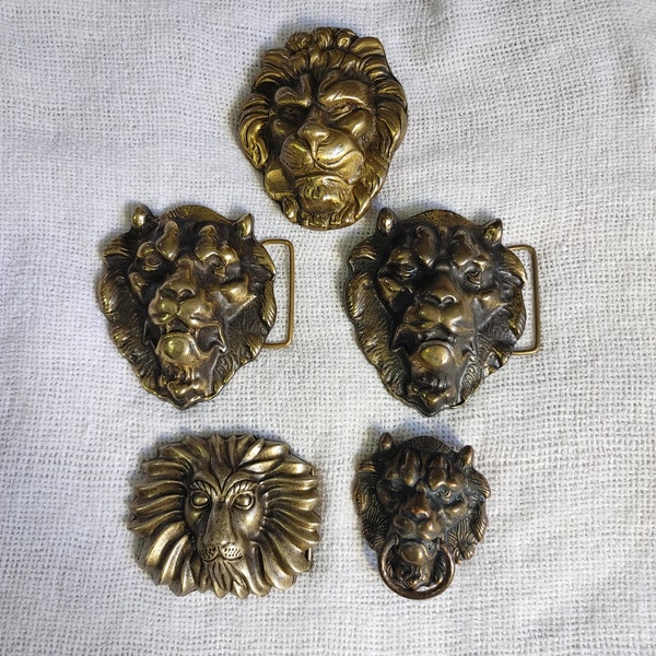 Vintage Lion brass Belt Buckles. Solid Brass.  Mad lion, door knocker lion, loving hippy lion marked AB2, more. Free domestic shipping