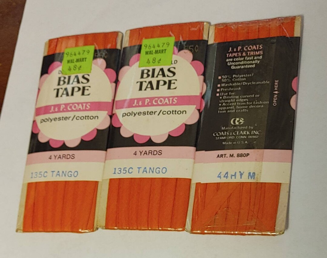 J P Coats Double Fold Bias Tape. 1/4 Inch. 4 Yards. Tango orange. Poly