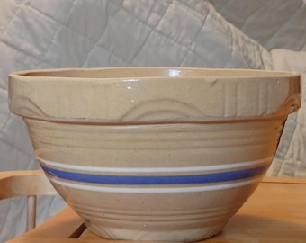 Antique Vintage Yellow Ware bowl, 1920s - 30s. Blue and white stripes. Crescent and line impressions. Marked Ovenware 8 Made in USA.