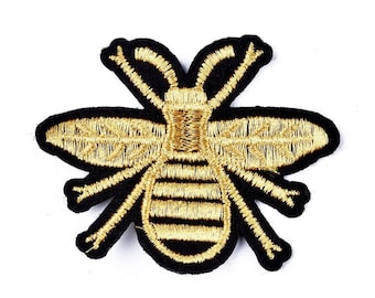 Honey Bee Patches Appliques, Classy Honeybee with metallic gold and black, Iron-On or Sew-On, 2.5&quot;, FREE Shipping, Pack of 2
