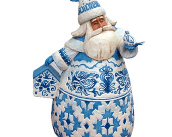 Jim Shore Heartwood Creek 2004 Blue Quilt Toile Santa Claus Figurine #117672, 11.5"H, Mint condition, Vintage Christmas Holiday