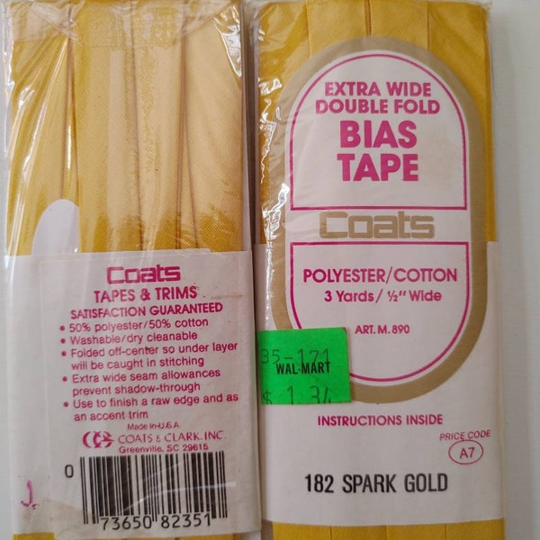 Bias Tape, Extra Wide, Double Fold. #182 Spark Gold (more yellow), 50/50 polyester and cotton, J & P Coats. New Old Stock, Free USA shipping