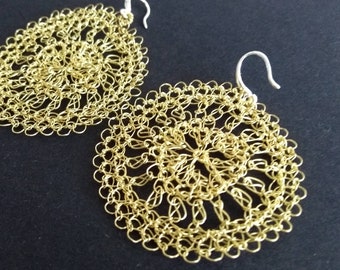 Crochet brass earrings. Large chiny handmade earrings.