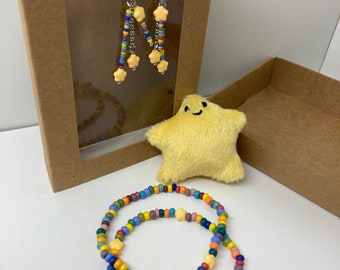 Rainbow Star Plush + Jewelry Gift Set Plushie with Matching Jewelry Czech Glass Star Beads and Seed Beads