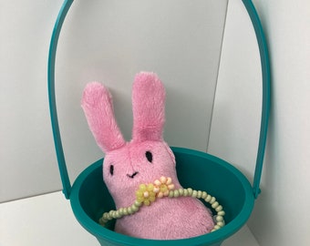 RTS Pink Easter Bunny in a Basket with a Czech Glass Beaded Daisy Stretchy Bracelet Plush + Jewelry