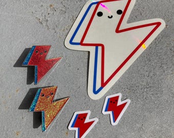 Bundle Kawaii Bowie Bolt Pins Vinyl Sticker and Rainbow Window Suncatcher Sticker Set, soft enamel AND hard enamel pin with stickers David