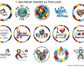 30 Cancer Autism Awareness Bottlecap Images 1" Circle 4x6 Instant Download