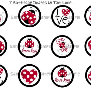 Peut inclure: Douze autocollants ronds de 2,5 cm de diamètre représentant une coccinelle. Les autocollants ont une bordure noire et un fond blanc. Les motifs comprennent une coccinelle avec les mots "love bug", une coccinelle avec le mot "love", un cœur à pois et un cœur avec le mot "love".