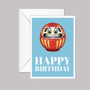 Cartão de Feliz Aniversário A6 da Boneca Daruma - Design Japonês