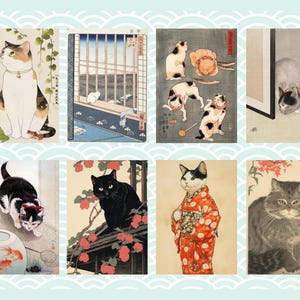 Cartoline giapponesi con gatti Neko - Set da 4 o 8 - Mix di arte tradizionale, vintage, retrò, ukiyo-e, moderno