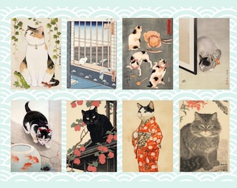 May include: A collection of six vintage Japanese woodblock prints featuring cats in various poses and settings. The prints are in black, white, and shades of grey, with some featuring pops of red and pink. The cats are depicted in traditional Japanese clothing, playing with toys, and interacting with other animals.