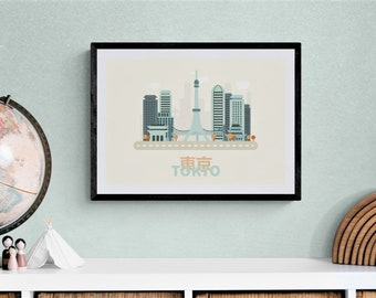 Tokyo Stylised Print, Japan City Line Art - Japanese Wall Décor Poster A4 and A5 sizes only