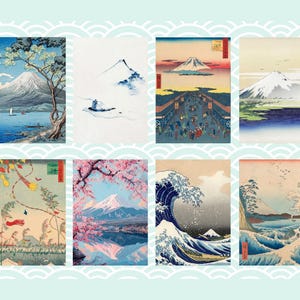 Cartes postales japonaises représentant le mont Fuji - Lot de 4 ou 8 - Art traditionnel rétro vintage Hokusai Ukiyo-e