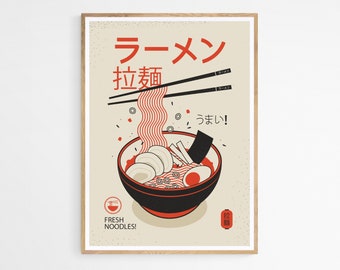 May include: A framed poster with a graphic illustration of ramen. The image depicts a black bowl filled with noodles, eggs, and other ingredients, with chopsticks above. Japanese text and the words "Fresh Noodles!" are also included.