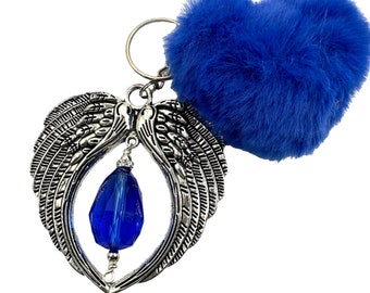 Large Angel Wing Key chain, Angel Wing Key Ring, Heaven Charm, Glass Bead, Heart, Silver, Blue, Heart Pom Pom