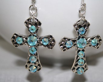 Silver Cross Dangle Earrings with Aqua Marine Rhinestone