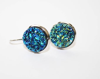 Druzy, Angelic Druzy Earrings, Silver, Dangle, Blue Druzy