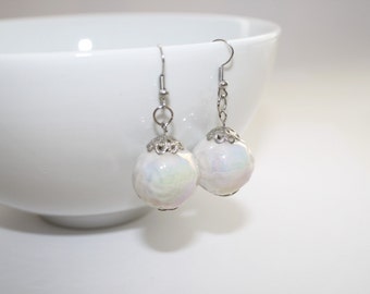 Earrings, Ceramic Beads, White Earring, Silver hooks, Earrings, Gloss Beaded Earring, Evening Jewelry