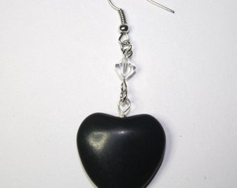 Black Stone Heart Earrings with A Crystal Bicone Bead