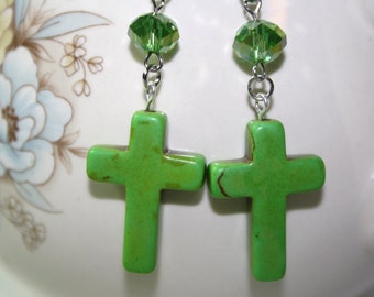 Lime Green Turquoise Style Cross Earrings with Lime Green Rondelle Glass Crystal