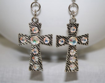 Silver Cross Zebra Stripes Dangle Earrings with Clear AB Rhinestone